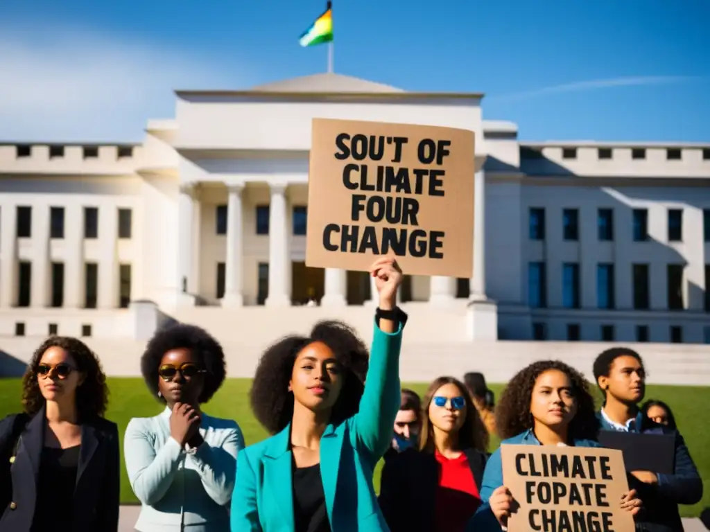 Jóvenes activistas luchan por el cambio climático frente a un edificio gubernamental, reflejando el impacto de Greta Thunberg en derechos humanos