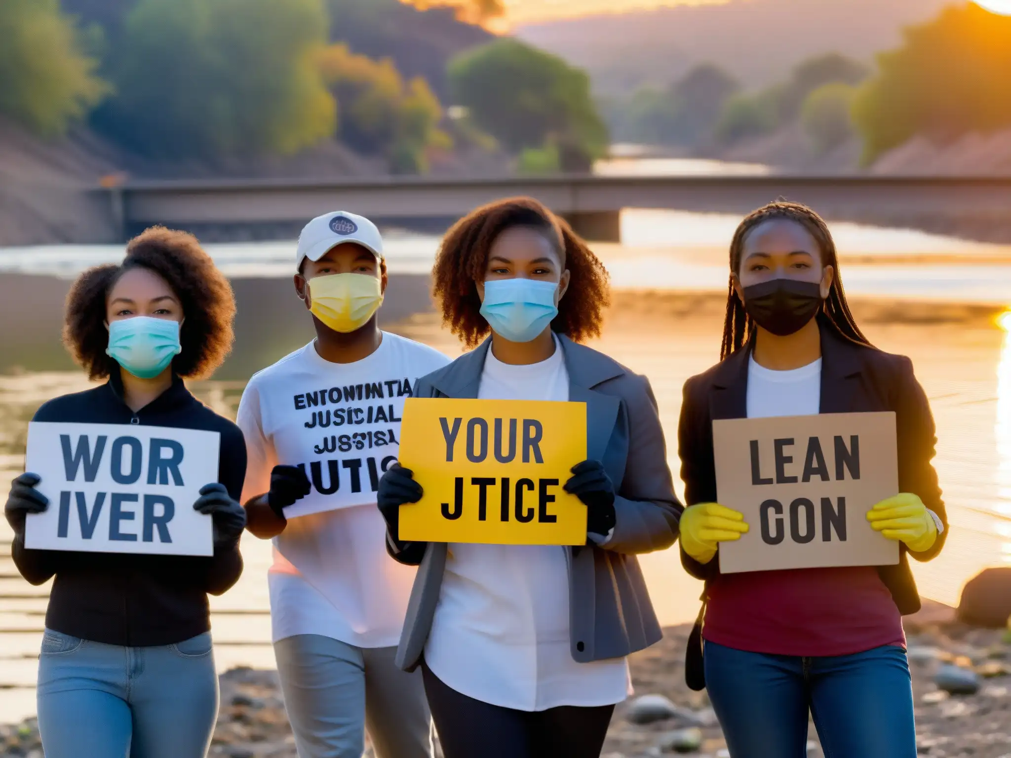 Jóvenes activistas luchando por el cambio climático y los derechos ambientales, limpiando un río contaminado al atardecer