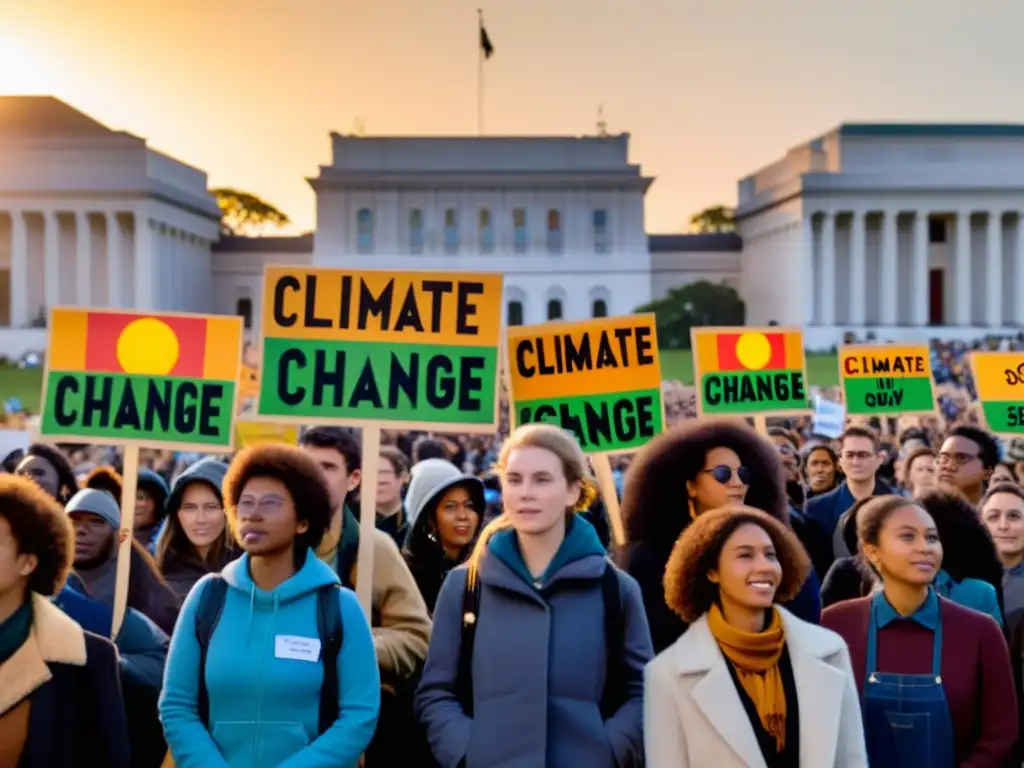 Jóvenes activistas por el clima en protesta Jóvenes activistas con carteles sobre cambio climático frente a un edificio gubernamental al atardecer