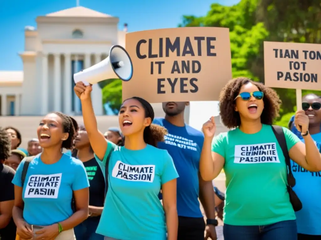 Jóvenes activistas con carteles sobre cambio climático frente a edificio gubernamental, mostrando empoderamiento y determinación por la lucha por los derechos ambientales