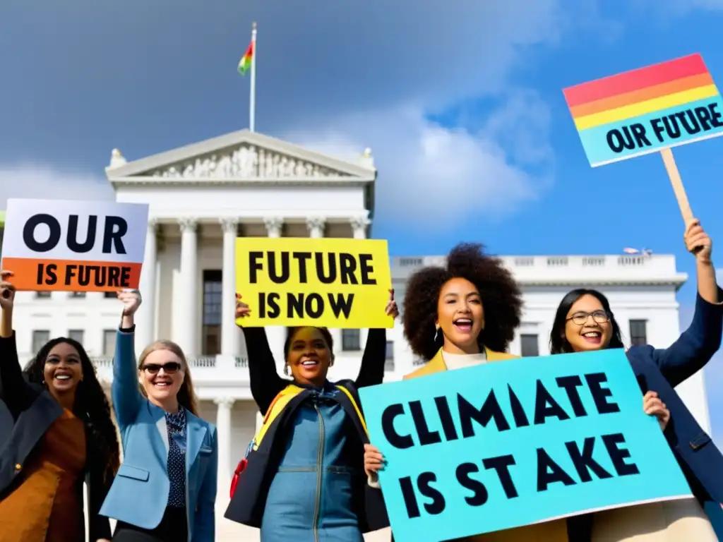 Jóvenes activistas por el clima frente al gobierno Jóvenes activistas con carteles coloridos sobre cambio climático frente a un edificio gubernamental