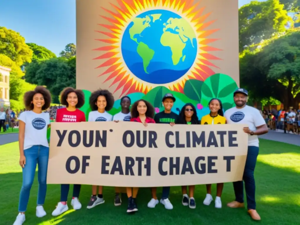 Jóvenes activistas por el clima frente a mural de la Tierra Jóvenes activistas sostienen carteles con mensajes poderosos sobre el cambio climático frente a un mural vibrante de la Tierra rodeada de vegetación