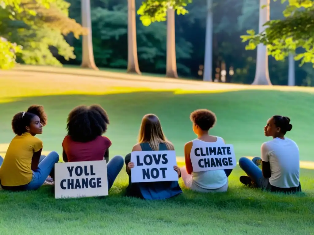 Jóvenes activistas se reúnen en círculo en el atardecer, sosteniendo carteles sobre cambio climático