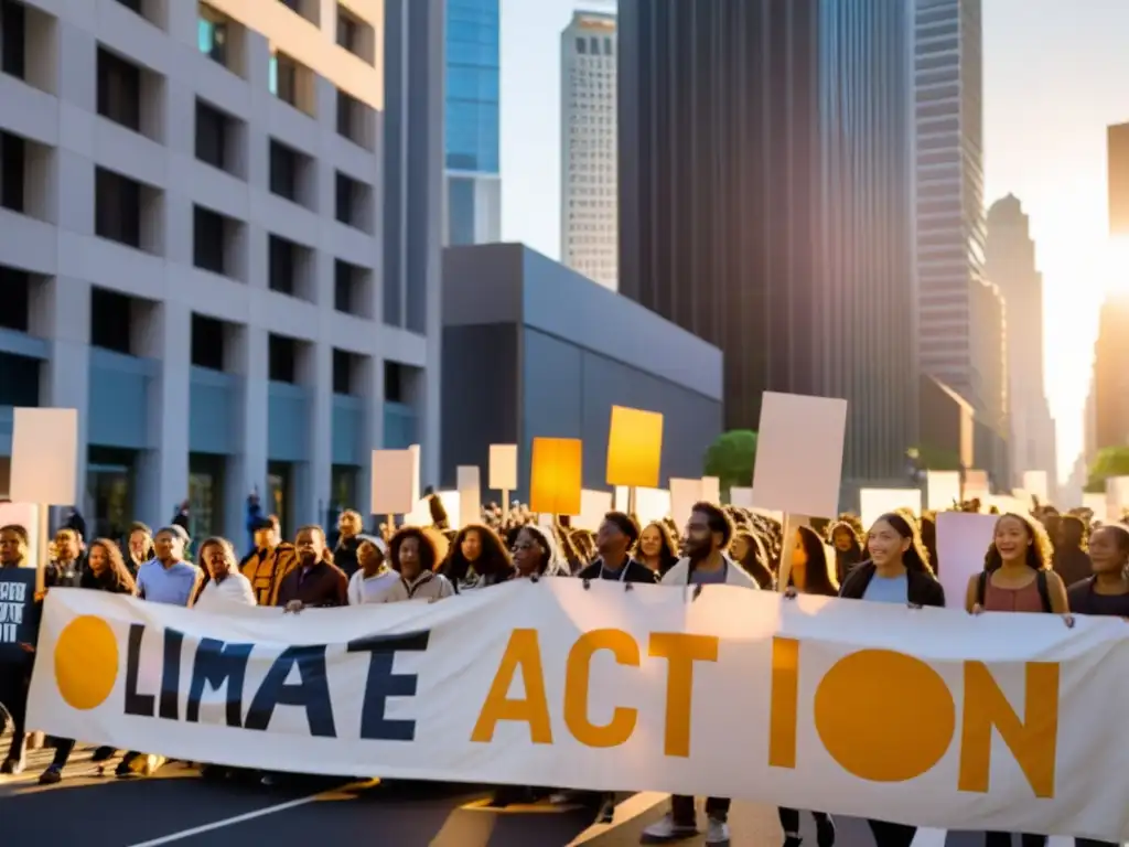 Jóvenes activistas marchan por la ciudad al atardecer, levantando pancartas por la Acción climática movilizar jóvenes