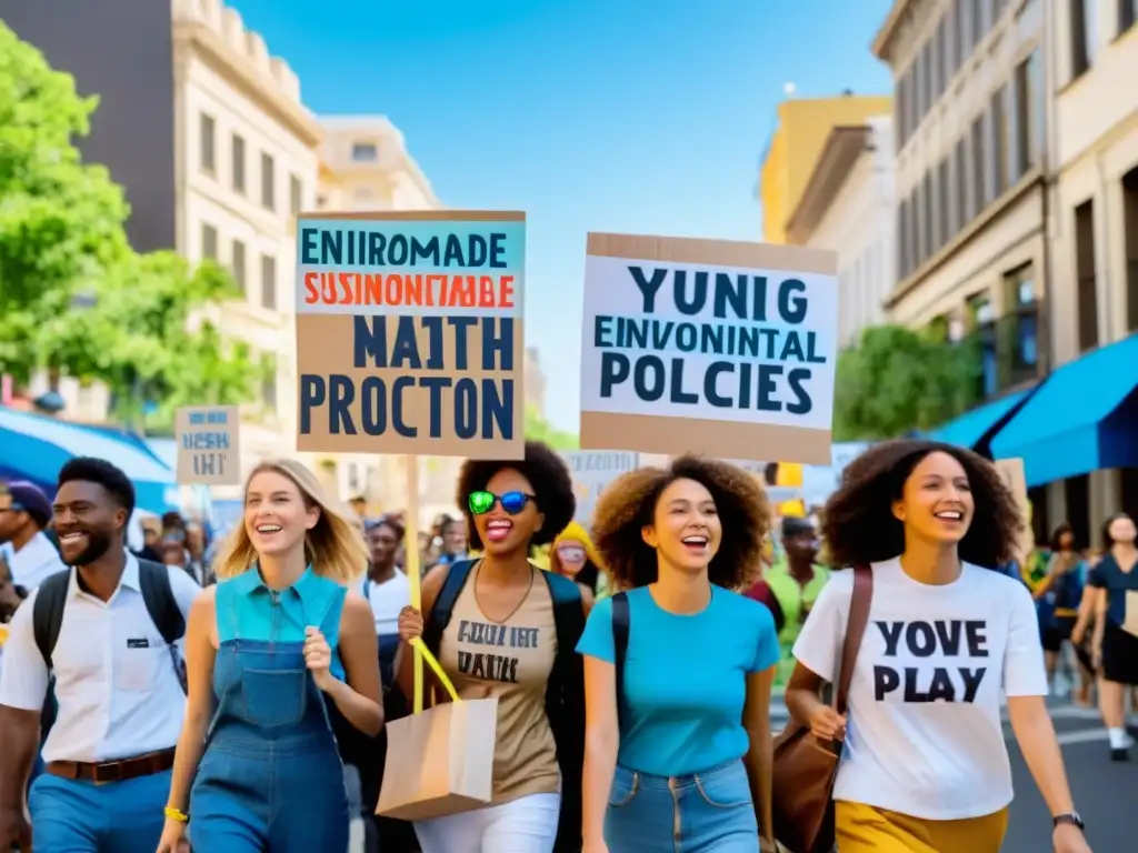 Jóvenes activistas marchan por la ciudad con pancartas a favor del medio ambiente, mostrando su influencia en la política ambiental