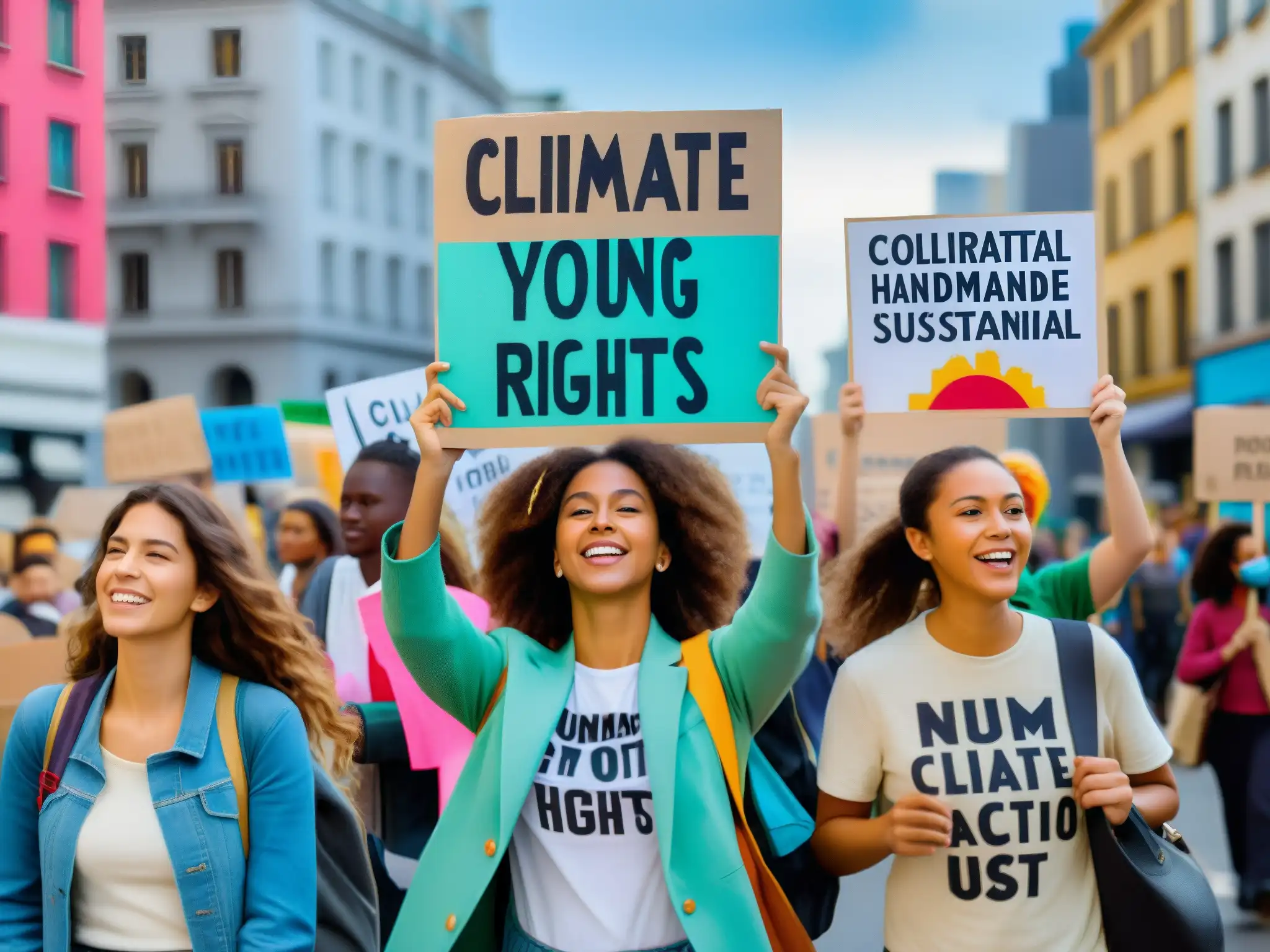 Jóvenes activistas protestan por el clima y derechos humanos en la ciudad, con carteles coloridos y determinación