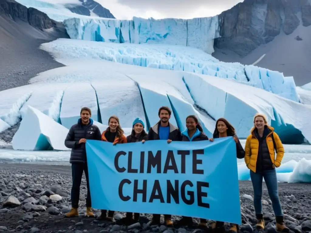 Jóvenes activistas luchan por el clima frente a un glaciar impactante, expresando determinación y esperanza