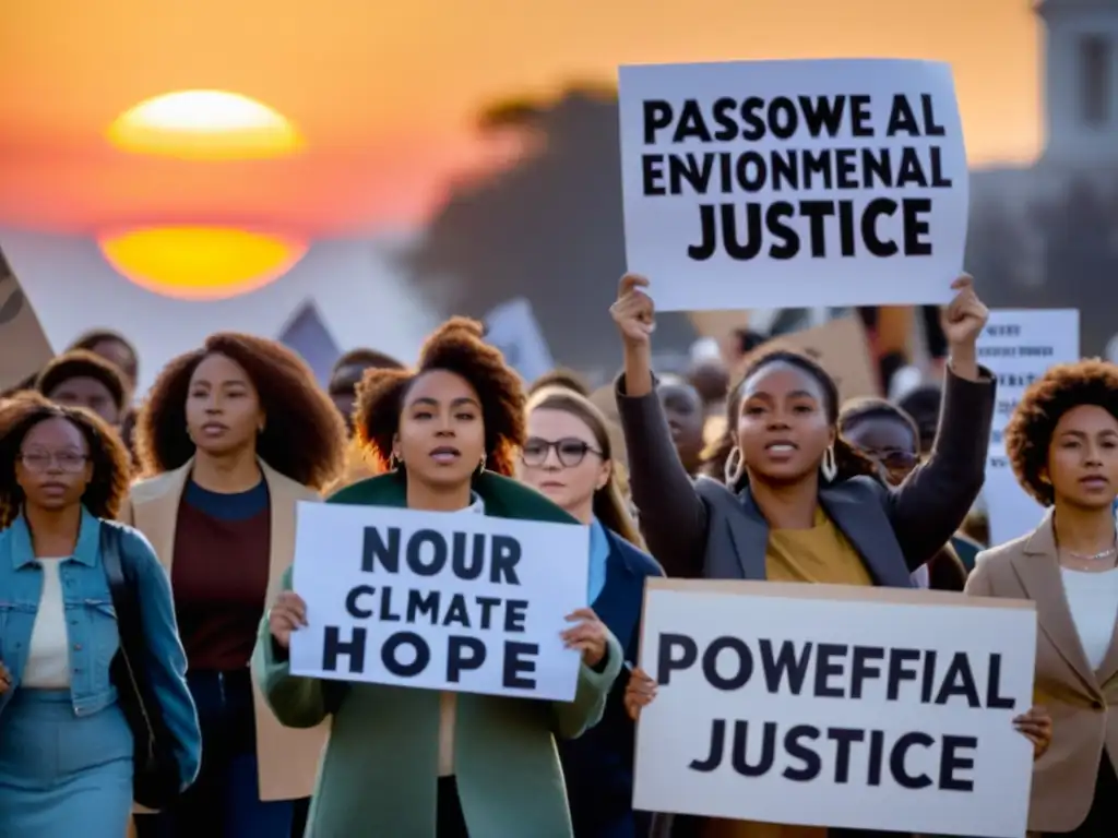 Jóvenes activistas luchan por el clima en una marcha con pancartas, mostrando determinación y esperanza al atardecer