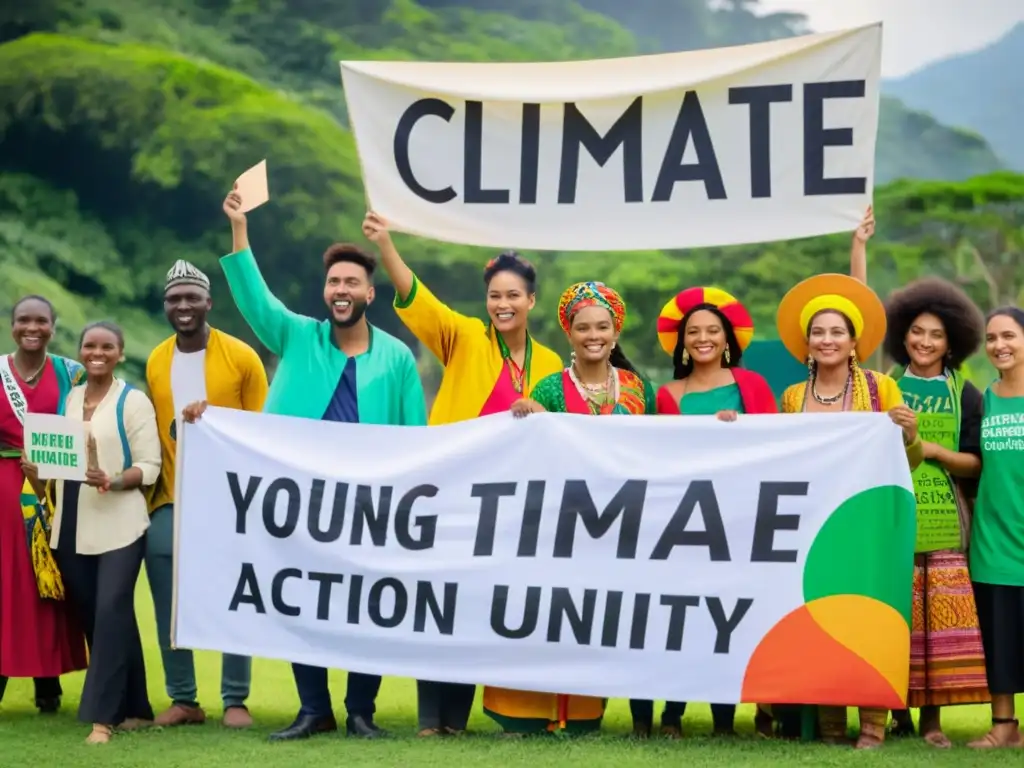 Jóvenes activistas climáticos con atuendos tradicionales y pancartas, expresando unidad y diversidad cultural en la lucha por el medio ambiente