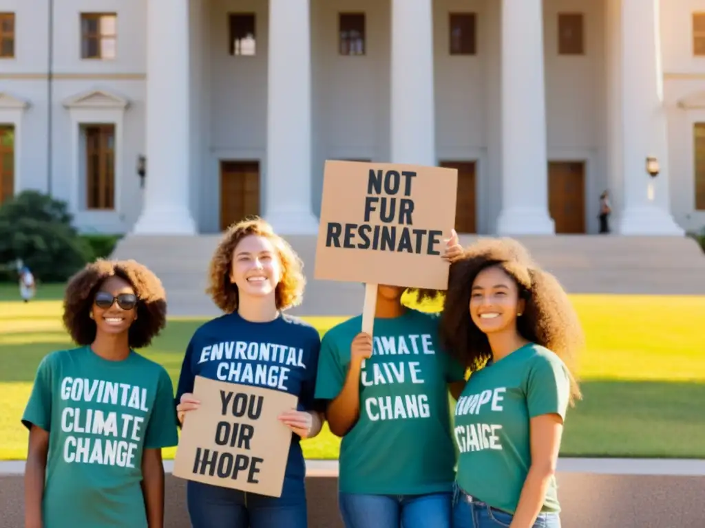 Jóvenes activistas climáticos protestan con determinación frente a un edificio gubernamental, abogando por el activismo climático juvenil derechos humanos