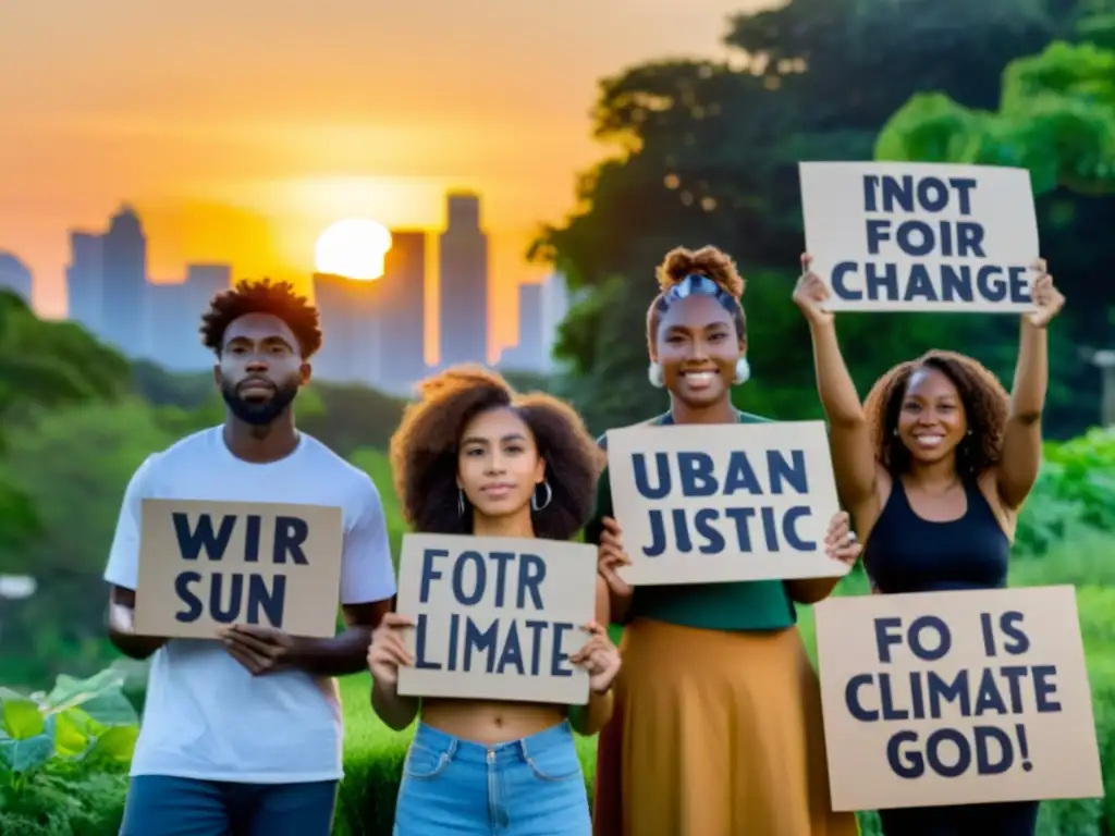 Jóvenes activistas de diversas culturas se unen en protesta por el cambio climático al atardecer