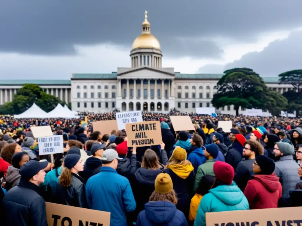 Jóvenes activistas derechos humanos clima protestan con determinación en rally por justicia climática, rodeados de multitud y cielo tormentoso