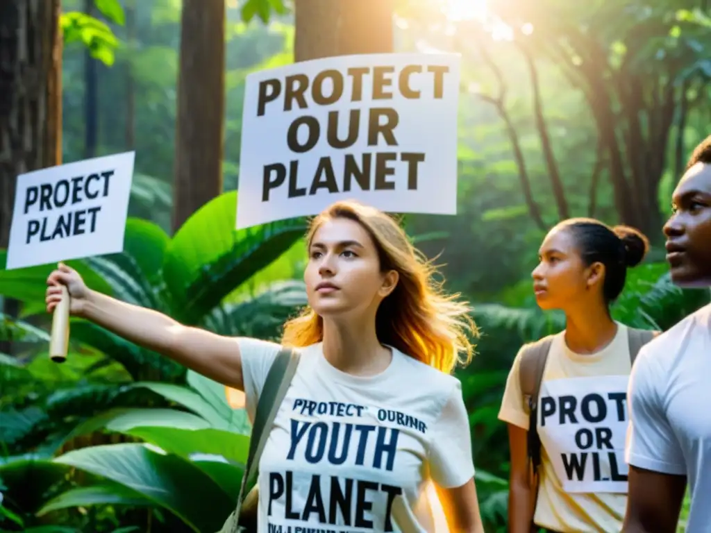 Jóvenes activistas defienden derechos humanos y protegen especies amenazadas en un bosque biodiverso, con el sol iluminando sus determinadas caras