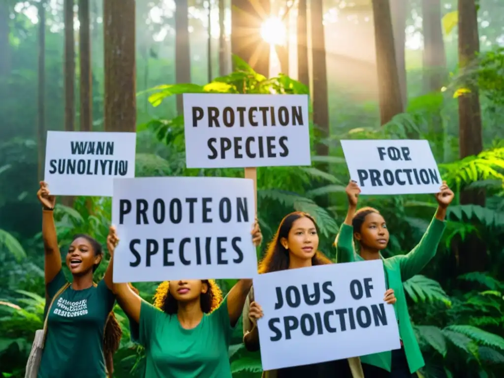 Jóvenes activistas defienden derechos humanos y especies amenazadas en un bosque exuberante, irradiando esperanza y determinación