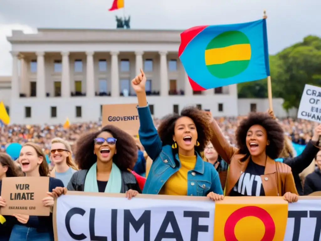 Jóvenes activistas protestan por los derechos humanos y el clima frente a un edificio gubernamental, con determinación y pasión en sus rostros, rodeados de una multitud diversa y colorida