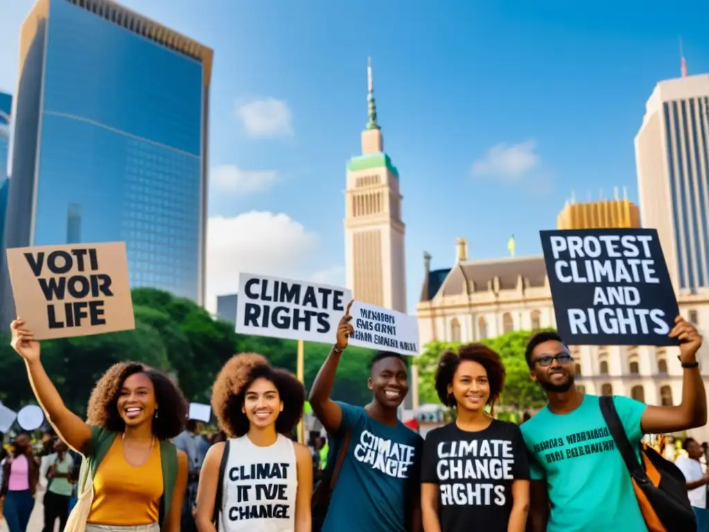 Jóvenes activistas empoderados luchando por el cambio climático y los derechos humanos frente a edificio gubernamental en la ciudad