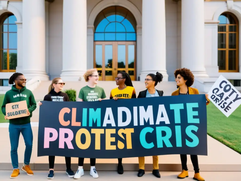 Jóvenes activistas con expresiones creativas en protesta por la crisis climática frente al ayuntamiento