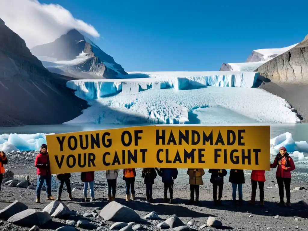 Jóvenes activistas protestan frente a un glaciar derritiéndose, en una impactante escena que refleja la urgencia de actuar contra el cambio climático