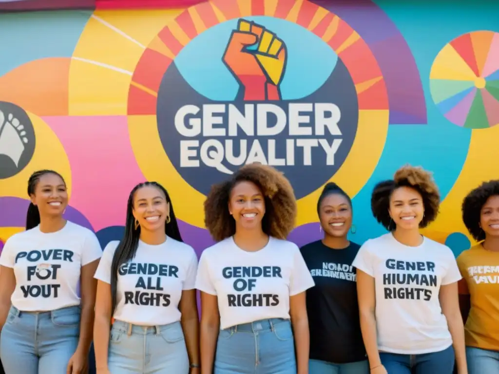 Jóvenes activistas unidos frente a un mural colorido que simboliza la lucha por la igualdad de género y los derechos humanos