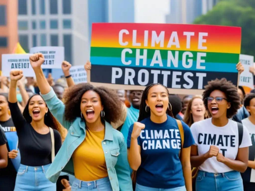 Jóvenes activistas unidos frente a pancarta por el cambio climático, con determinación y pasión