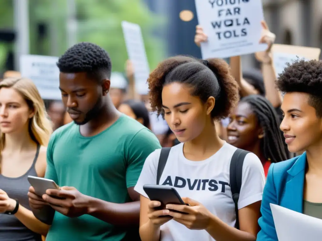 Jóvenes activistas utilizando herramientas digitales para el activismo climático, documentando daños ambientales y organizando protestas