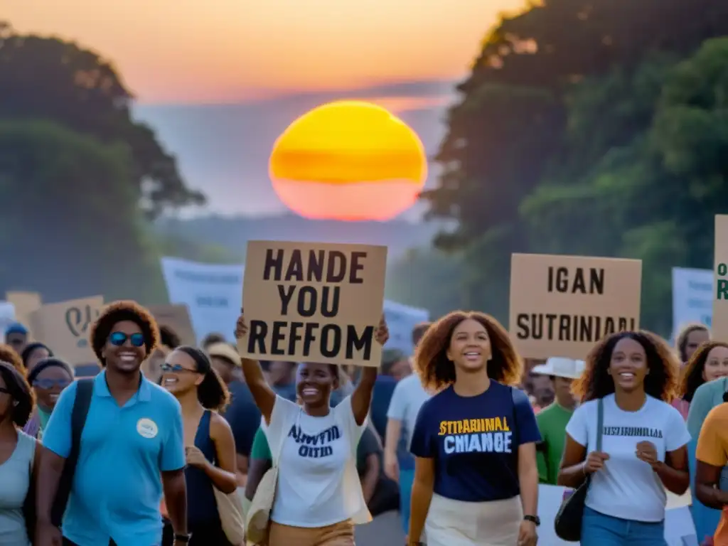 Jóvenes activistas marchan juntos con pancartas por la reforma política ambiental al atardecer, demostrando su influencia