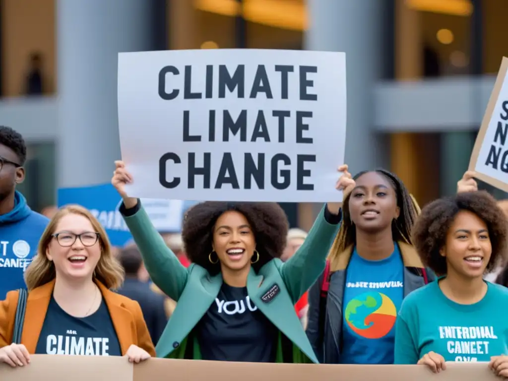 Jóvenes activistas con mensajes climáticos frente a conferencia sobre participación juvenil en conferencias climáticas internacionales