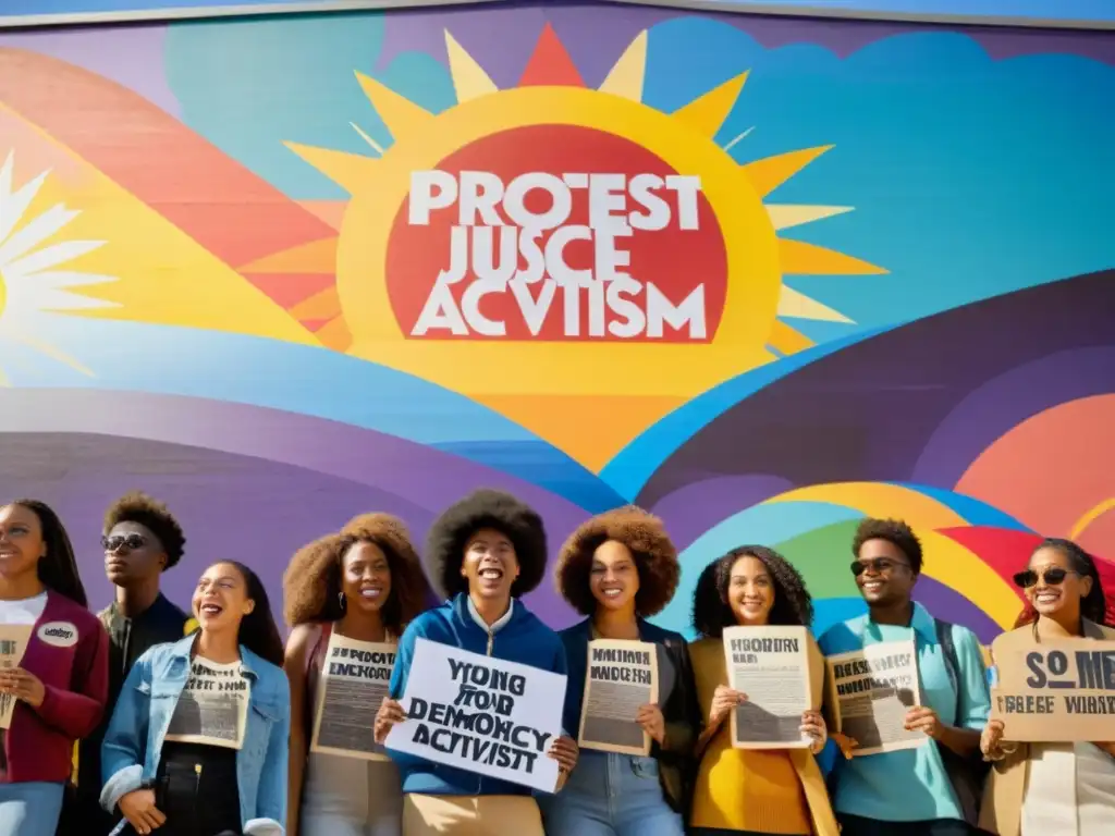 Jóvenes activistas en mural colorido, expresando pasión por el rol de los jóvenes en democracia