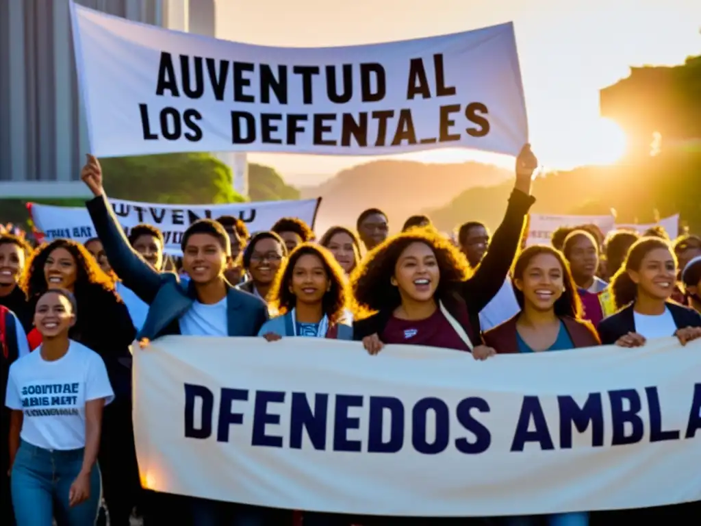 Jóvenes activistas marchan con pancartas por el activismo climático y los derechos humanos al atardecer