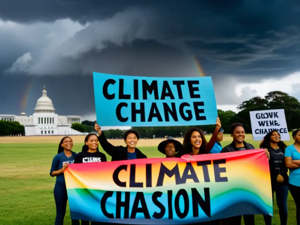 Jóvenes activistas con pancartas sobre cambio climático ante un edificio gubernamental