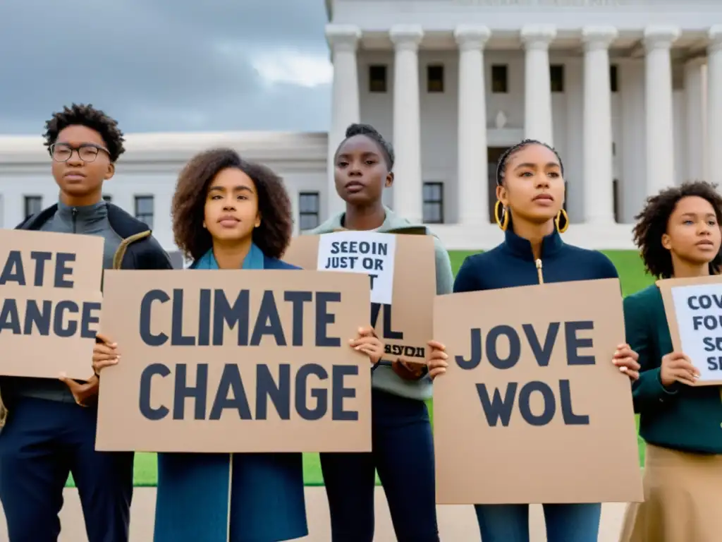 Jóvenes activistas con pancartas por el cambio climático frente a un edificio gubernamental