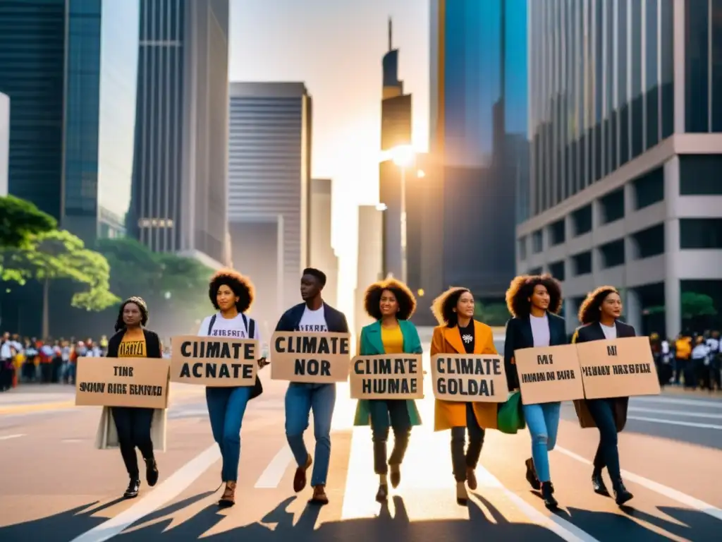 Jóvenes activistas marchan con pancartas en ciudad al atardecer, luchando por derechos humanos y acción climática