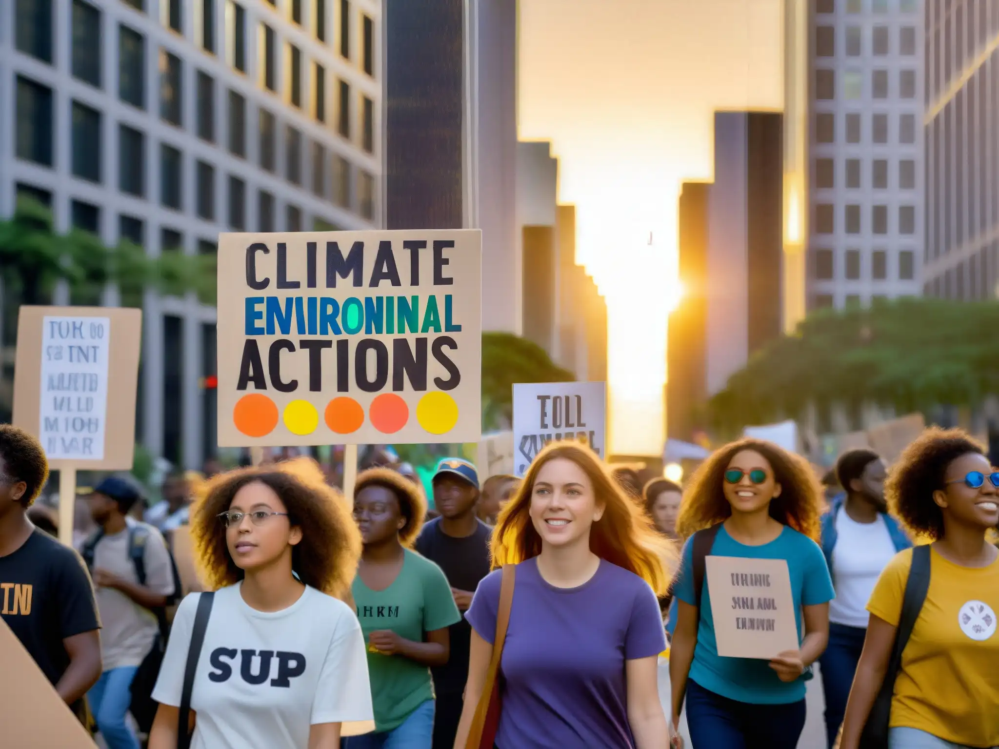 Jóvenes activistas marchan con pancartas por el clima al atardecer en la ciudad