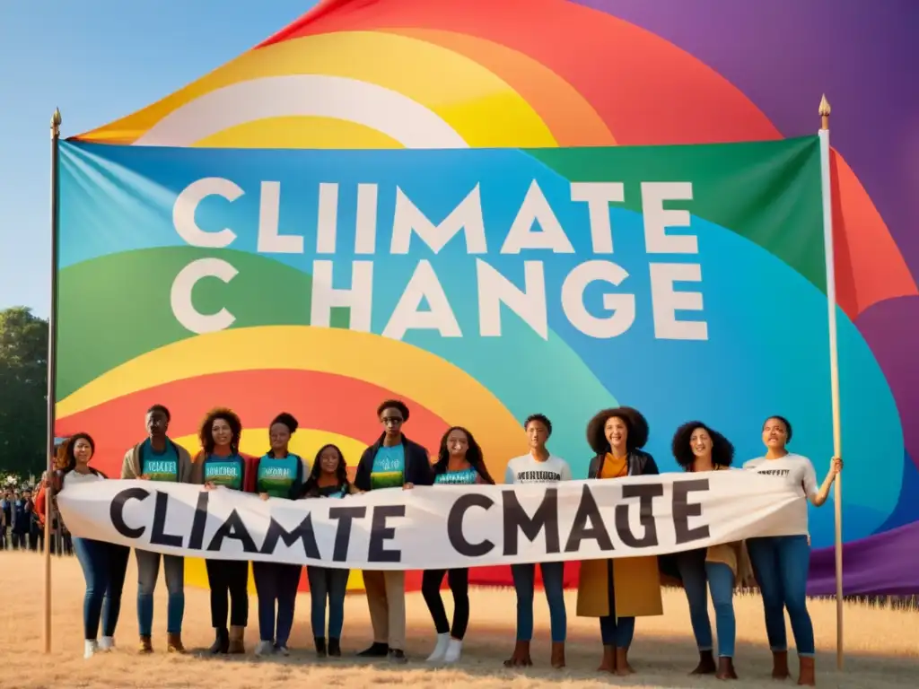 Jóvenes activistas sostienen pancartas coloridas con consignas sobre cambio climático, irradiando energía y determinación en sus rostros