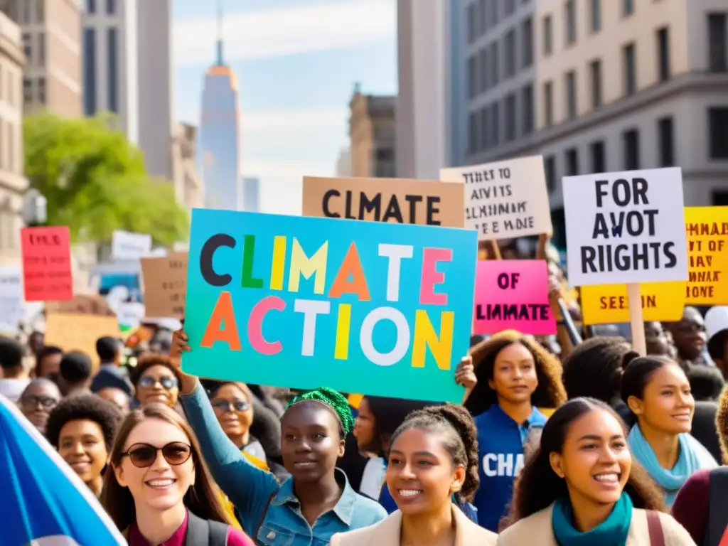 Jóvenes activistas muestran pancartas coloridas en la ciudad, uniendo su pasión por el activismo climático, los derechos humanos y la esperanza