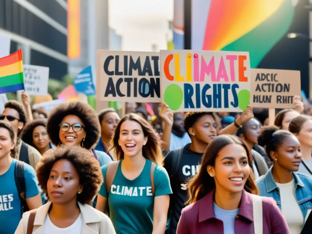 Jóvenes activistas con pancartas coloridas abogando por el activismo climático y los derechos humanos en una bulliciosa calle de la ciudad