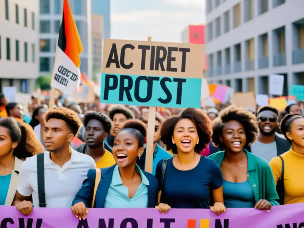 Jóvenes activistas marchan con pancartas coloridas, reflejando su pasión y energía por el rol de los jóvenes en democracia