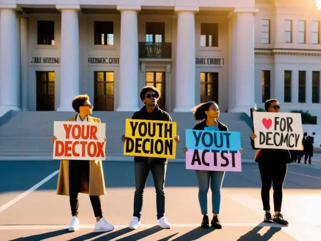 Jóvenes activistas protestan con pancartas frente a edificio gubernamental al atardecer, resaltando su rol en democracia