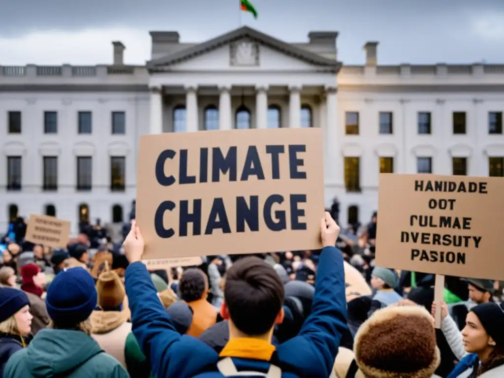Jóvenes activistas lideran protesta climática Jóvenes activistas con pancartas impactantes frente a edificio gubernamental, rodeados de seguidores y medios