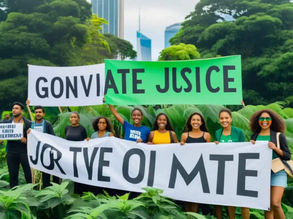 Jóvenes activistas sostienen pancartas con mensajes poderosos frente a un edificio gubernamental, respaldados por exuberante vegetación