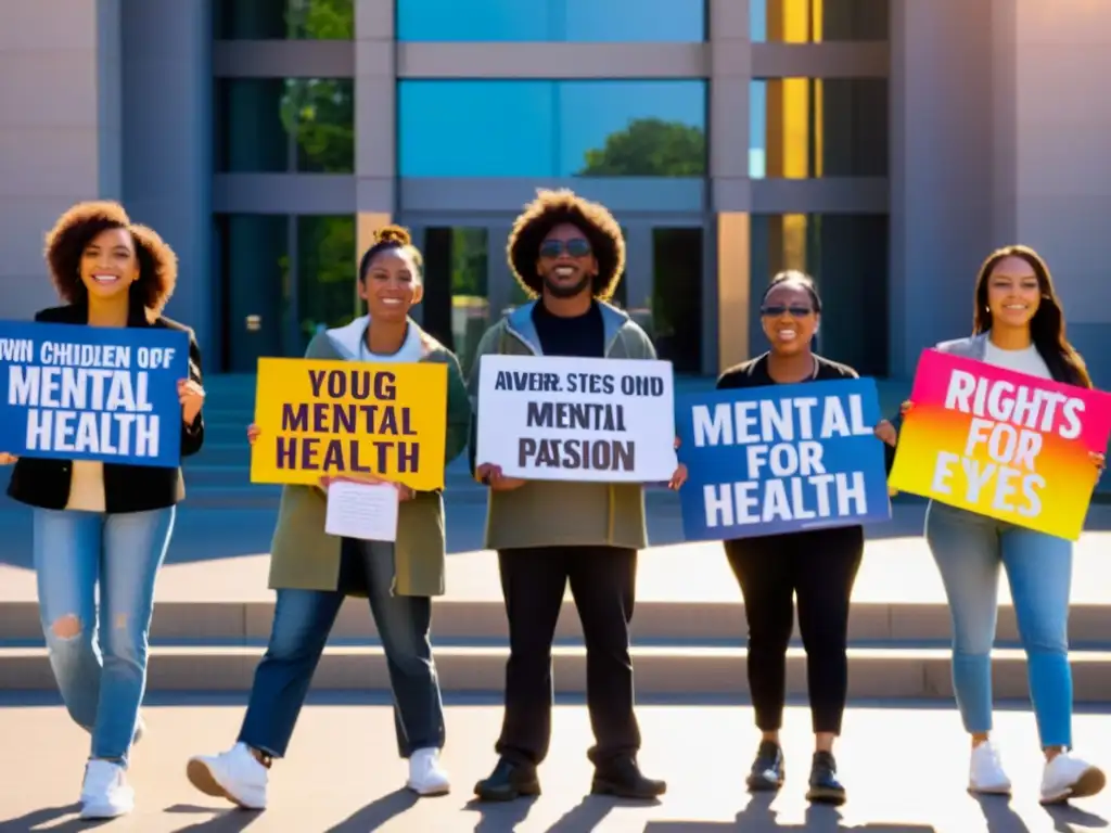 Jóvenes activistas con pancartas por la salud mental frente a un edificio gubernamental al atardecer, mostrando determinación y pasión