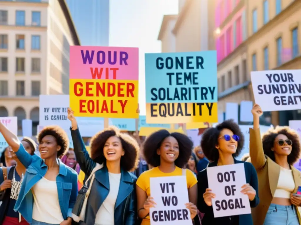 Jóvenes activistas se reúnen en plaza de la ciudad con carteles coloridos, transmitiendo mensajes de igualdad de género y derechos humanos