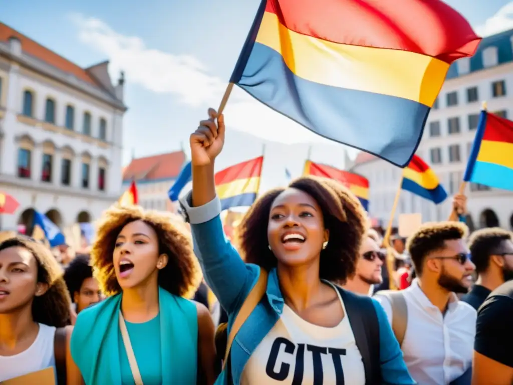 Jóvenes activistas marchando en una plaza de la ciudad, demandando cambio político y justicia social