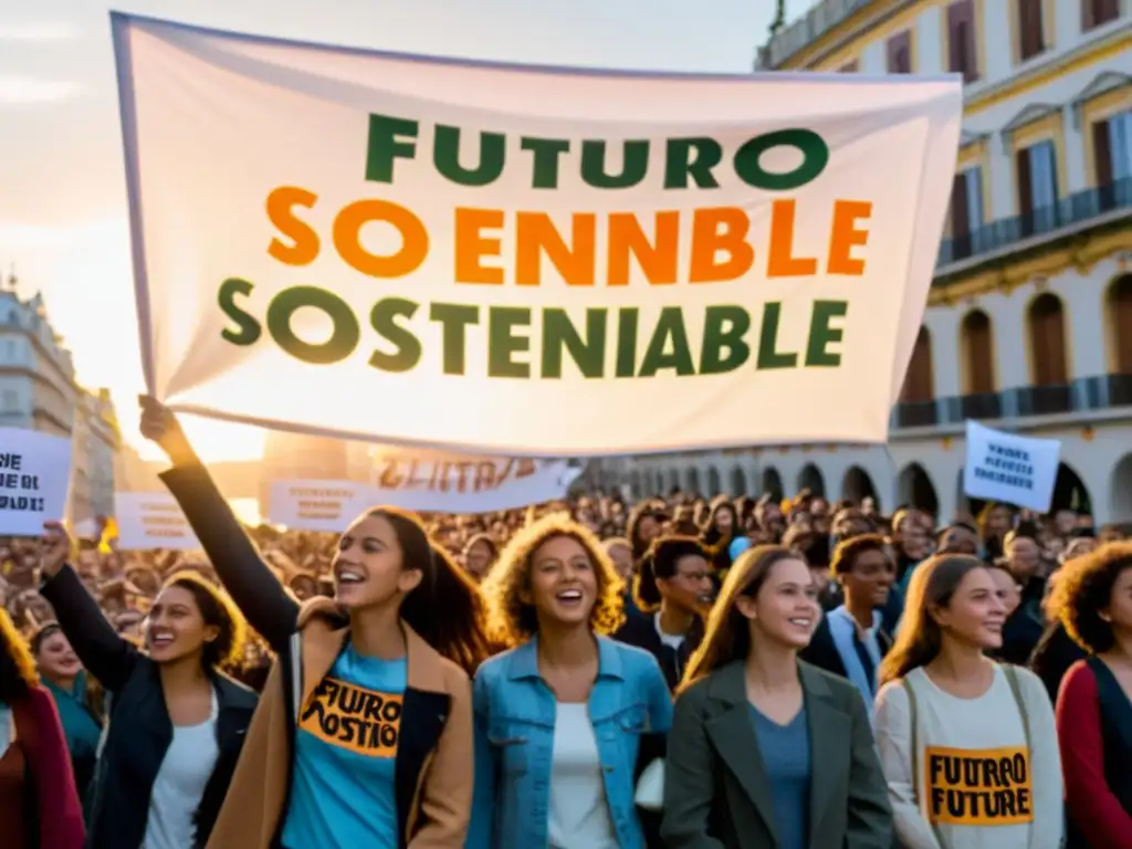 Jóvenes activistas en plaza urbana con pancarta 'Futuro Sostenible', impacto de niños en cambio climático