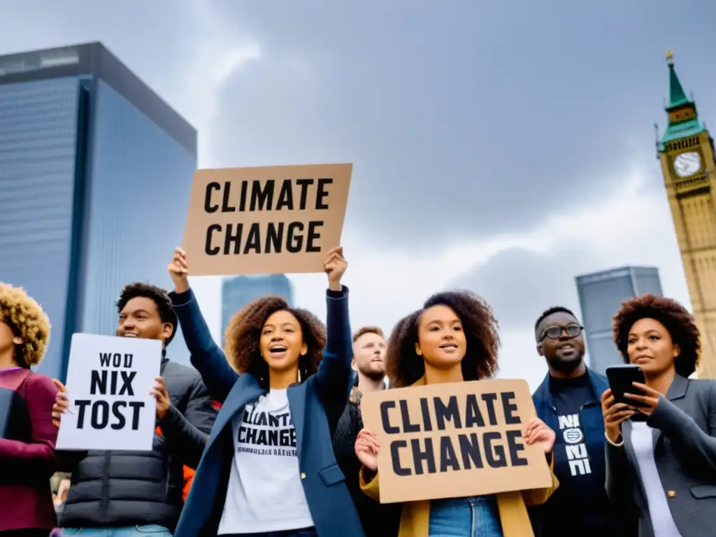 Jóvenes activistas en protesta por el cambio climático, usando herramientas digitales en la ciudad