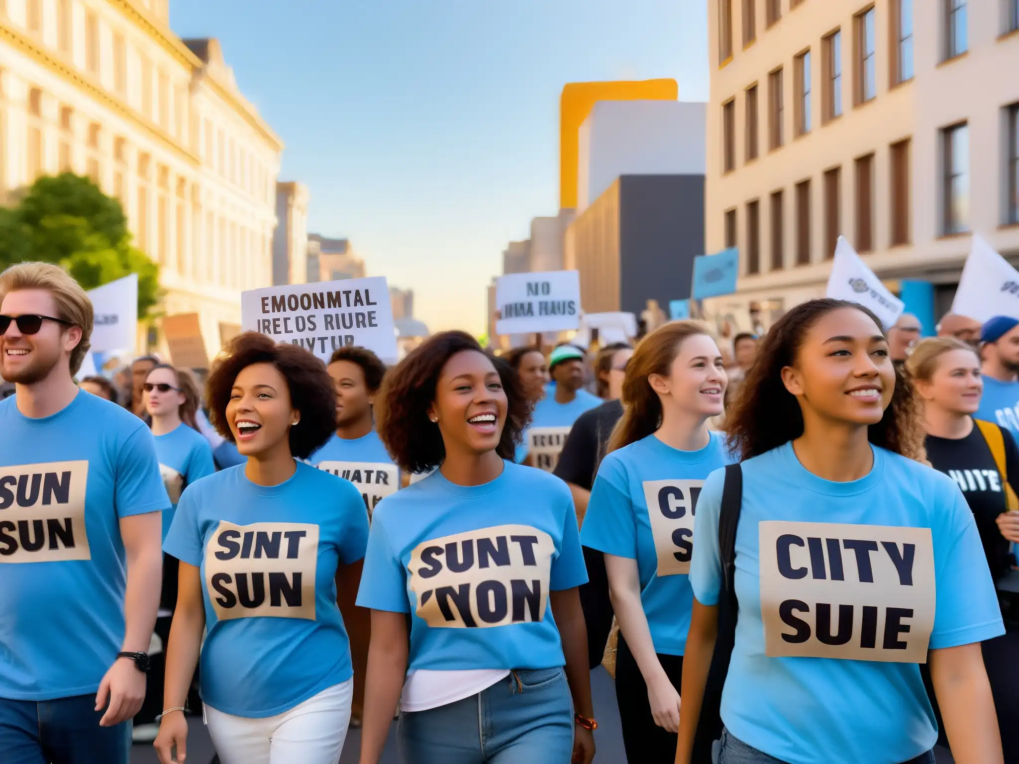 Jóvenes activistas marchan en protesta por la acción climática, levantando pancartas y mostrando determinación bajo el sol poniente de la ciudad