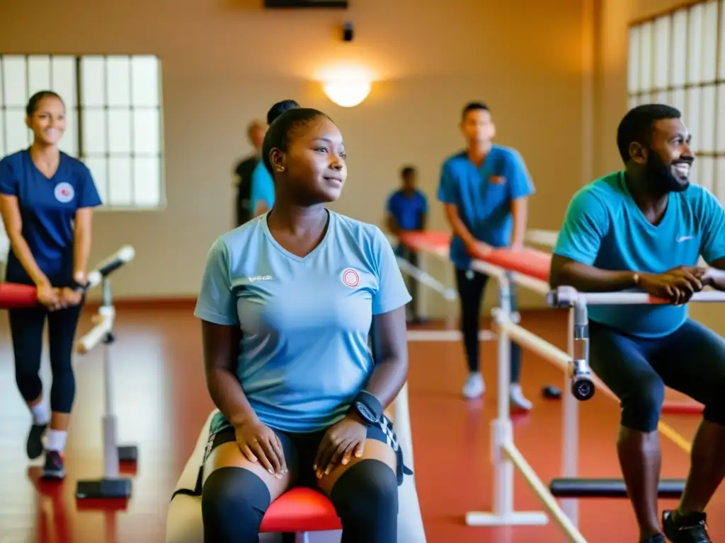 Jóvenes amputados en centro de rehabilitación aprendiendo a usar prótesis