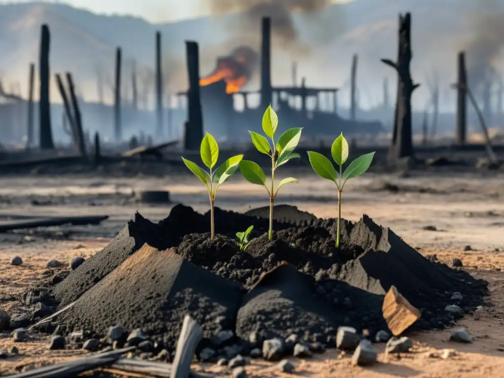 Jóvenes árboles brotan entre las ruinas de un paisaje postbélico, mostrando el contraste entre destrucción y regeneración