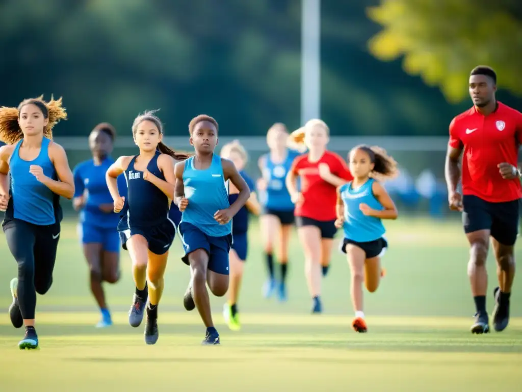 Jóvenes atletas entrenan en un campo soleado, con determinación y apoyo de entrenadores y padres