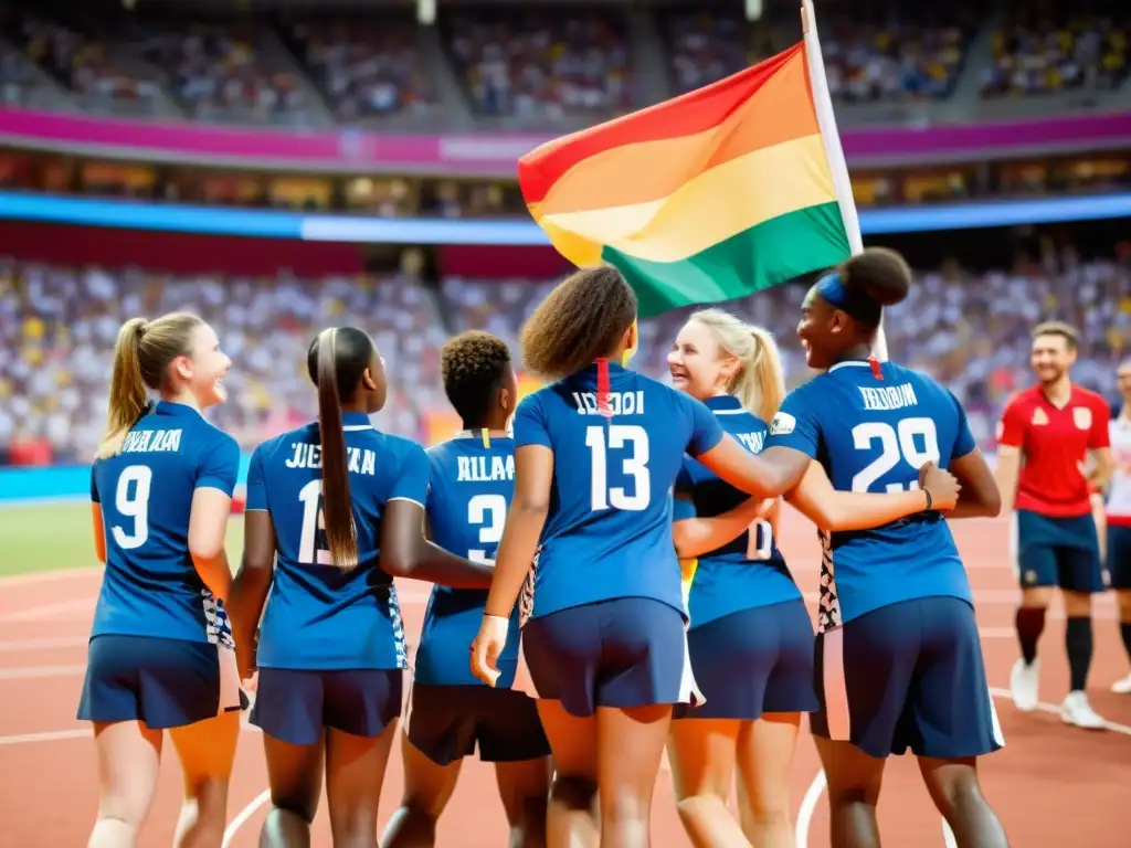 Jóvenes atletas de diferentes países en círculo, intercambian banderas y celebran en un estadio multicultural